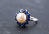 2.1ct Pearl Halo Round Blue Sapphire Engagement Ring 14k White Gold Finish