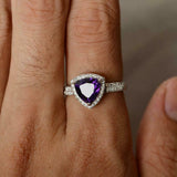 2.3ct Trillion Cut Purple Amethyst Dual Accent Halo Ring 14k White Gold Finish