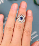 4ct Oval Blue Sapphire Floral Halo Trio Set Engagement Ring 14k White Gold Over