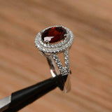 2.4ct Oval Cut Red Garnet Halo Split Shank Engagement Ring 14k White Gold Finish