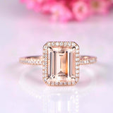 2.2ct Emerald Cut Peach Morganite Halo Ring 14k Rose Gold Over with Round Accent