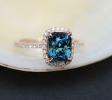 2.3ct Engagement Ring Radiant Cut London Blue Topaz Halo 14k Rose Gold Finish