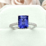2.2ct Engagement Ring Emerald Cut Blue Sapphire Hidden Halo 14k WhiteGold Finish