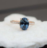 1.4ct Engagement Ring Oval Cut London Blue Topaz Hidden Halo 4k Rose Gold Finish