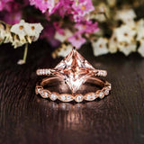 2ct Princess Cut Morganite Milgrain Bridal Set Engagement Ring 14k RoseGold Over