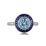 2.1ct Round Cut Simulated Aquamarine Art Deco Halo Ring 14k White Gold Plated