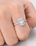 3Ct Emerald Cut Blue Aquamarine Halo Ring 14K White Gold Over with Round Accents