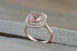 2.5ct Cushion Cut Peach Morganite Double Halo Engagement Ring 14k Rose Gold Over