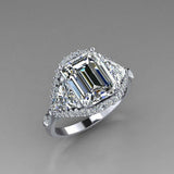 3ct Emerald Cut Diamond Trillion Sides Halo Engagement Ring 14k White Gold Over