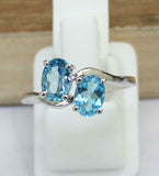 2ct Engagement Ring Oval Cut Blue Topaz Two Stone Solitaire 14k WhiteGold Finish