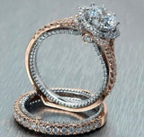 3ct Round Cut Diamond Engagement Ring 14k Dual Tone Over Halo Antique Bridal Set