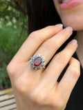 2ct Engagement Ring Oval Cut Red Garnet Vintage Inspired Halo 14k WhiteGold Over