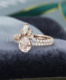 2ct Pear Cut Simulated Peach Morganite Curved Bridal Set 14k Rose Gold Plated