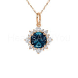 1ct Round Simulated London Blue Topaz Halo Pendant Chain 14k Yellow Gold Plated