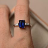 2ct Emerald Cut Blue Sapphire Engagement Ring Three Stone 14k White Gold Finish