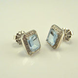 2.2ct Emerald Cut Blue Aquamarine Diamond Halo Stud Earrings 14k White Gold Over