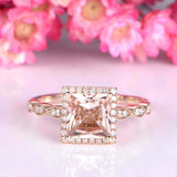 2ct Princess Cut Peach Morganite Halo Milgrain Engagement Ring 14k RoseGold Over