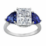 3Ct Radiant Cut Diamond Three Stone Ring 14K White Gold Finish Sapphire Accents