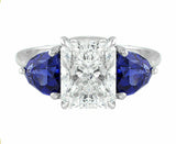 3Ct Radiant Cut Diamond Three Stone Ring 14K White Gold Finish Sapphire Accents