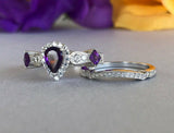 1.9ct Pear Cut Purple Amethyst Bridal Set Engagement Ring 14k White Gold Finish