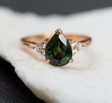 2ct Engagement Ring Pear Cut Green Emerald Diamond Petite 14k Rose Gold Finish