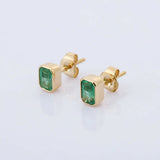 1.5ct Stud Earrings Green Emerald Cut Bezel Set Solitaire 14k Yellow Gold Finish