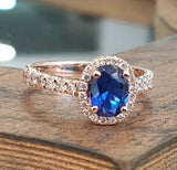 2.25ct Engagement Ring Oval Cut Blue Sapphire Diamond Halo 14k Rose Gold Finish