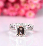2.5ct Emerald Cut Morganite Engagement Ring Halo Bridal Set 14k White Gold Over