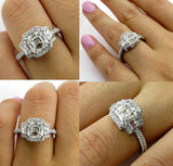 5.5ct Asscher Trilogy Halo Engagement Ring 14K White Gold Over Trapezoid Accents