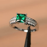 2.4ct Princess Cut Green Emerald Solitaire with Accent Ring 14k WhiteGold Finish