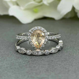 2.1ct Pear Peach Morganite Halo Bridal Set Engagement Ring 14k White Gold Finish
