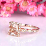 2ct Princess Cut Peach Morganite Halo Milgrain Engagement Ring 14k RoseGold Over