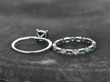 2.2ct Engagement Ring Cushion Cut Green Emerald Bridal Set 14k White Gold Finish
