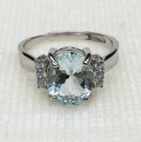 2.3ct Oval Cut Blue Aquamarine Petite Round Accent Ring 14k White Gold Finish
