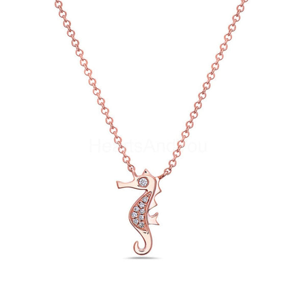 0.04ct Round Cut Moissanite Seahorse Pendant with Chain 14k Rose Gold Plated