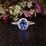 2.2ct Oval Cut Blue Tanzanite Halo Promise Engagement Ring 14k White Gold Finish