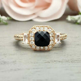 2.2ct Engagement Ring Cushion Cut Black Diamond Halo 14k Yellow Gold Finish