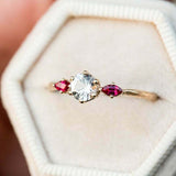 Ruby Accent Trilogy Engagement Ring 1.5ct Round Cut Diamond 14k Yellow Gold Over