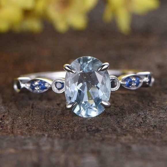 1.3ct Oval Cut Blue Aquamarine Sapphire Accent Solitaire Ring 14k WhiteGold Over