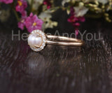0.3ct Round Simulated Diamond Halo Minimalist Pearl Ring 14k Yellow Gold Plated