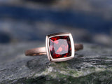 1Ct Cushion Cut Red Garnet Bezel Set Solitaire Engagement Ring 14K Rose Gold Fin