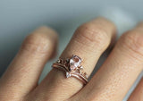 1.5ct Pear Cut Peach Morganite Crown Tiara Bridal Set Ring 14k Rose Gold Finish