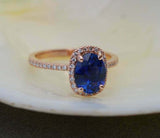 1.67ct Engagement Ring Oval Cut Blue Sapphire Diamond Halo 14k Rose Gold Finish