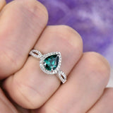 1.5ct Pear Cut Green Emerald Engagement Ring Halo Diamond 14k White Gold Finish