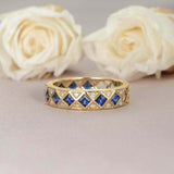 2.1ct Princess Cut Blue Sapphire Wedding Band Tile Design 14k Yellow Gold Finish