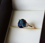 2.7ct Engagement Ring Oval Cut Blue Sapphire Three Stone 14k Rose Gold Finish