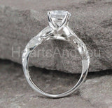 2.1ct Round Cut Moissanite Leaf Milgrain Engagement Ring 14k White Gold Plated