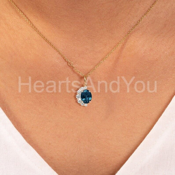 1ct Oval Cut Simulated London Blue Topaz Half Halo Pendant Chain 14k Gold Plated