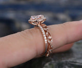 3Ct Round Cut Peach Morganite Stylish Bridal Set Halo Ring 14K Rose Gold Finish