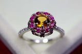 2.2ct Engagement Ring Round Cut Yellow Citrine Pink Ruby Halo 14k WhiteGold Over